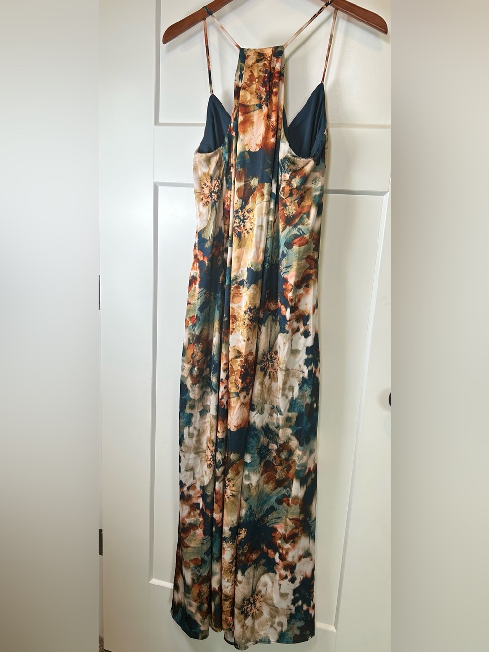 NICOLE MILLER Satin Floral Maxi Slip Dress M Racerback Watercolor With Pockets - Picture 4 of 16